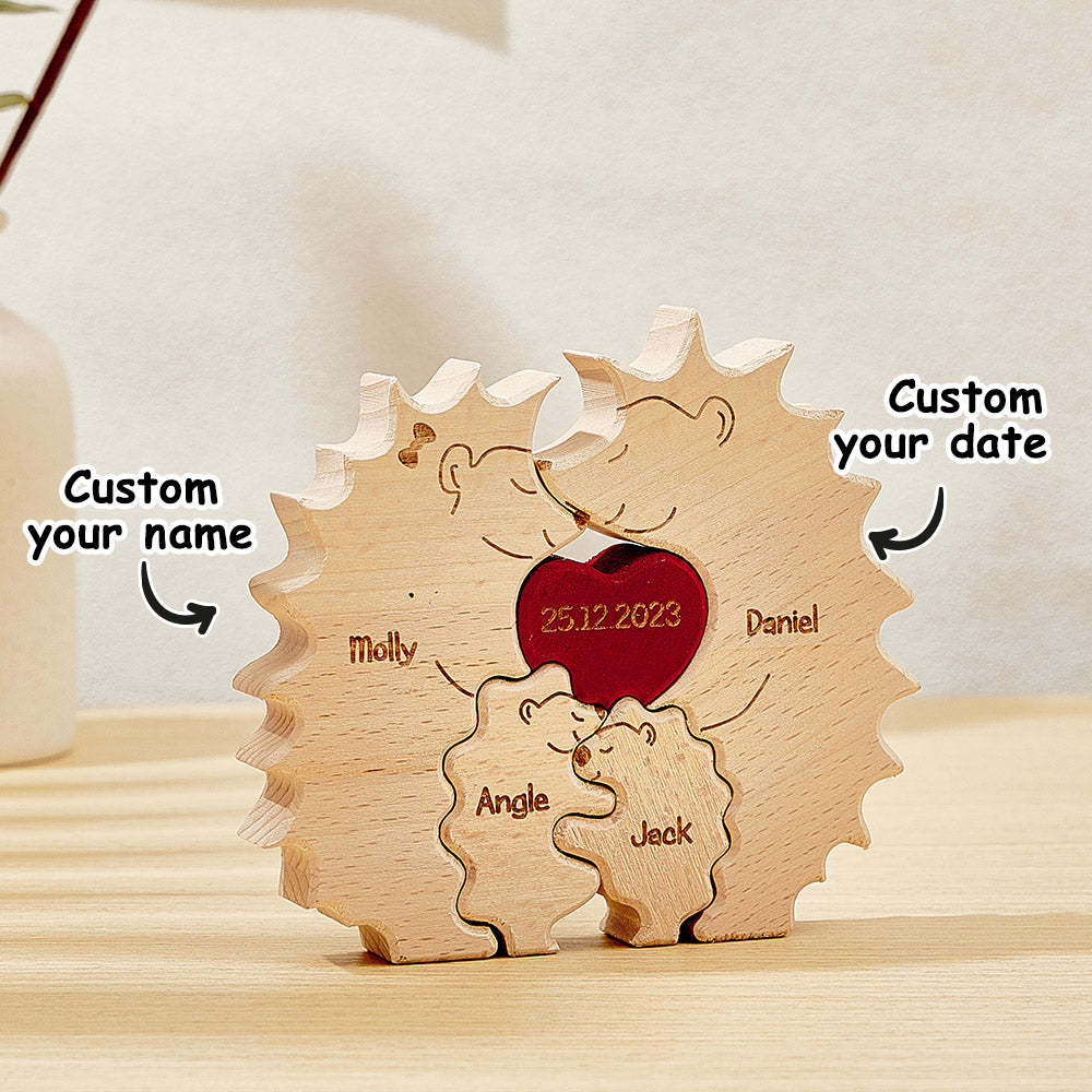 Custom Wooden Hedgehog Puzzle Personalized Hedgehog Family Names Puzzle Home Decor Gifts - soufeelmy