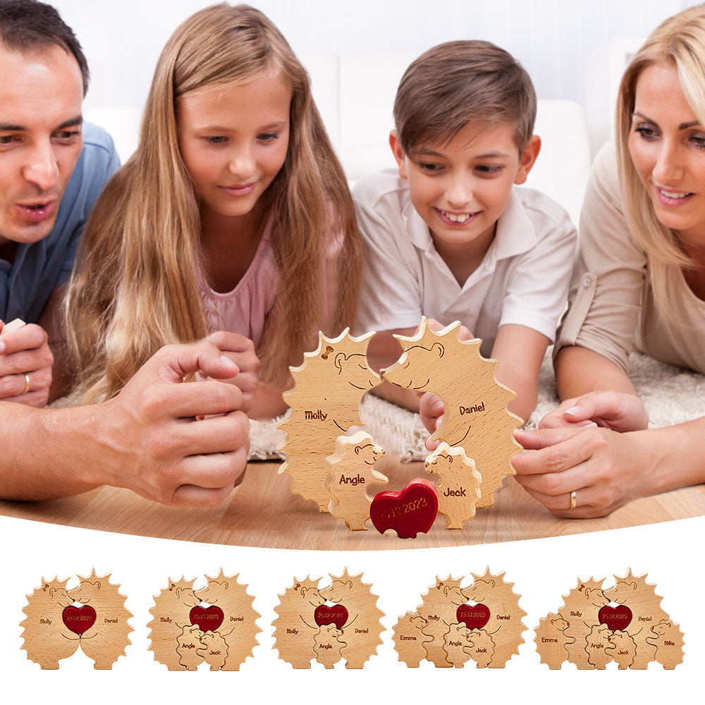 Custom Wooden Hedgehog Puzzle Personalized Hedgehog Family Names Puzzle Home Decor Gifts - soufeelmy
