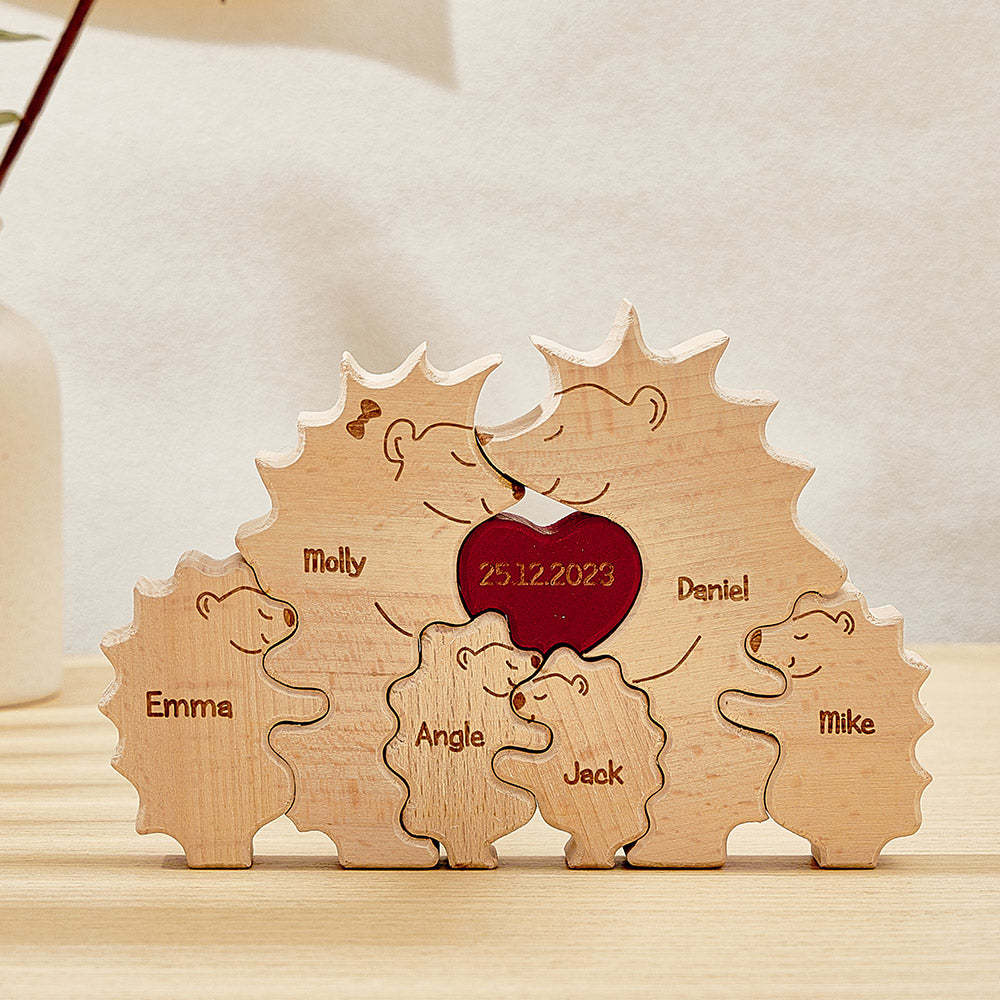 Custom Wooden Hedgehog Puzzle Personalized Hedgehog Family Names Puzzle Home Decor Gifts - soufeelmy