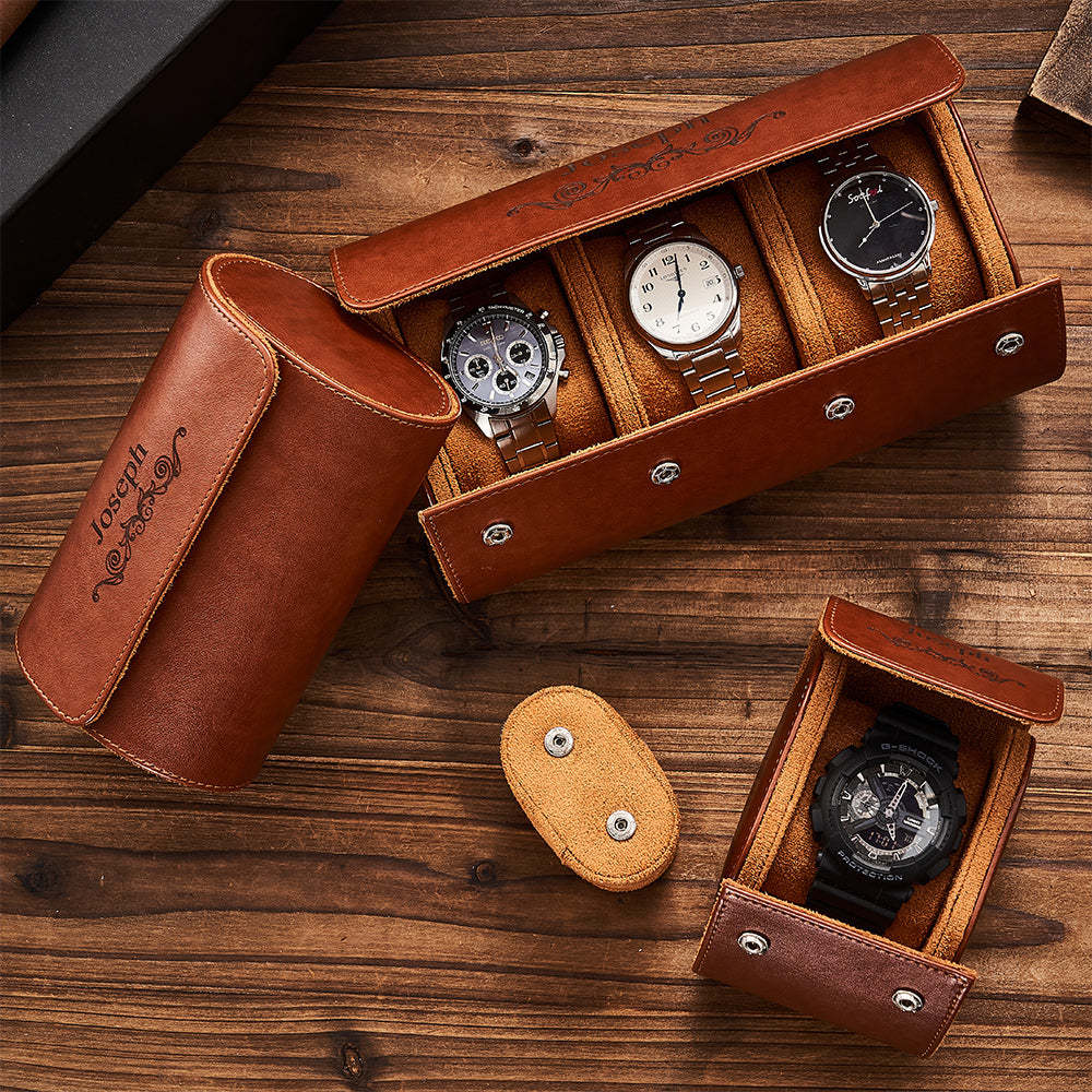 Customized Leather Watch Organizer Roll Storage Box Gift for Him - soufeelmy