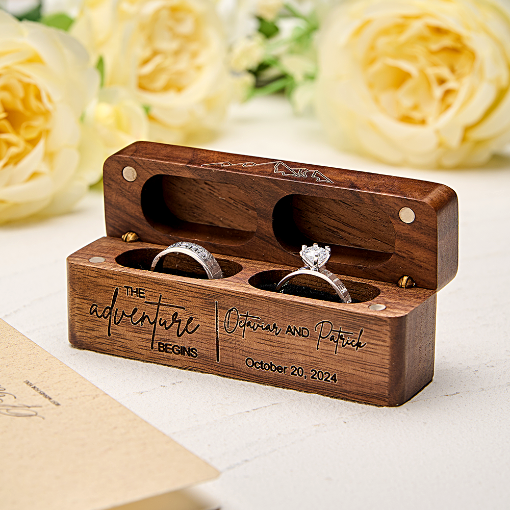 Personalized Rustic Engraved Wood 2 Rings Bearer Box with Date & Name Wedding Proposal Gift for Couple - soufeelmy
