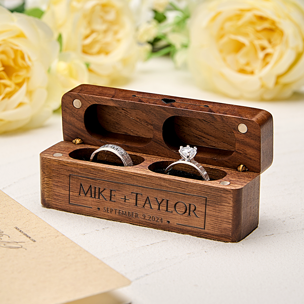 Personalized Engraved Wood Rings Bearer Box with Name and Date Wedding Proposal Gift for Couple - soufeelmy