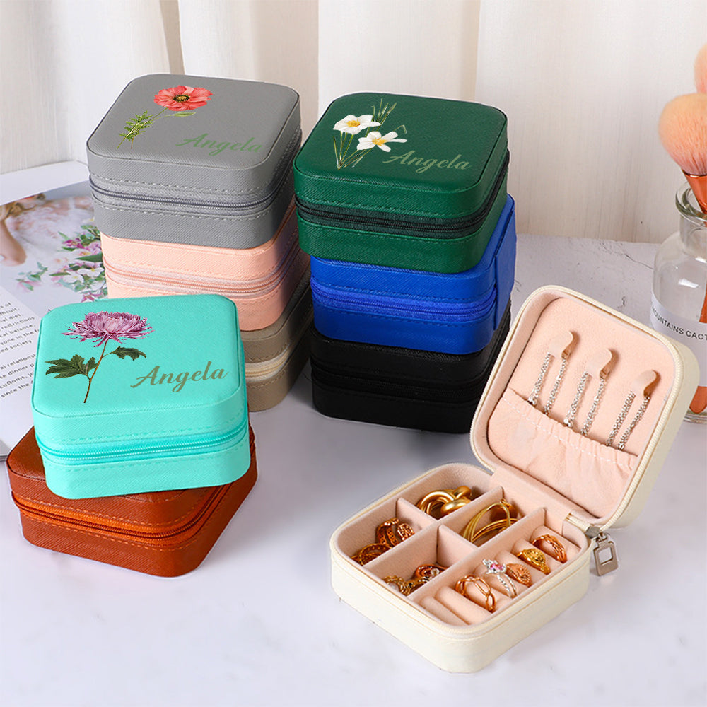 Personalized Name PU Leather Jewelry Box Birthflower Jewelry Organizer Gifts for Her - soufeelmy