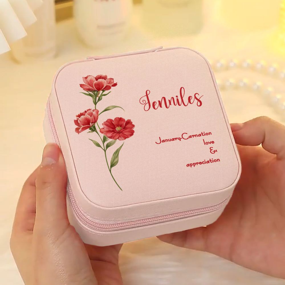 Personalized Birth Flower Leather Jewelry Box Bridesmaid Gift for Her - soufeelmy