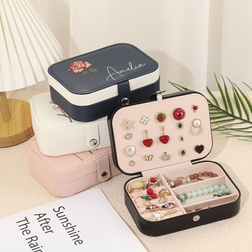 Personalized Birth Flower Leather Travel Jewelry Box with Name Waterproof Multiple Compartments Birthday Bridesmaid Gift for Women Girls - soufeelmy