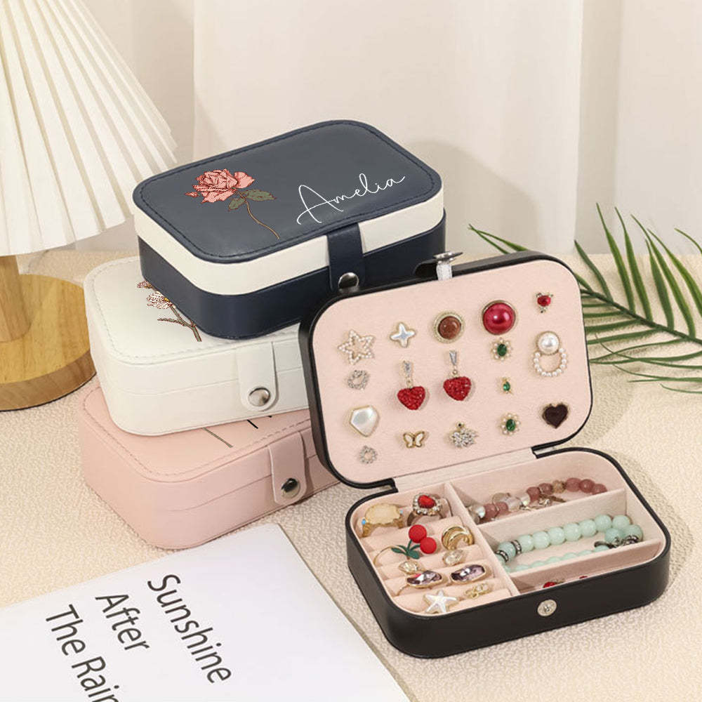 Personalized Birth Flower Leather Travel Jewelry Box with Name Waterproof Multiple Compartments Birthday Bridesmaid Gift for Women Girls - soufeelmy