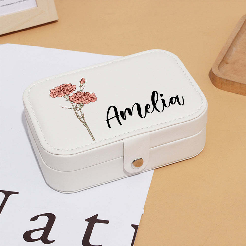 Personalized Birth Flower Leather Travel Jewelry Box with Name Waterproof Multiple Compartments Birthday Bridesmaid Gift for Women Girls - soufeelmy