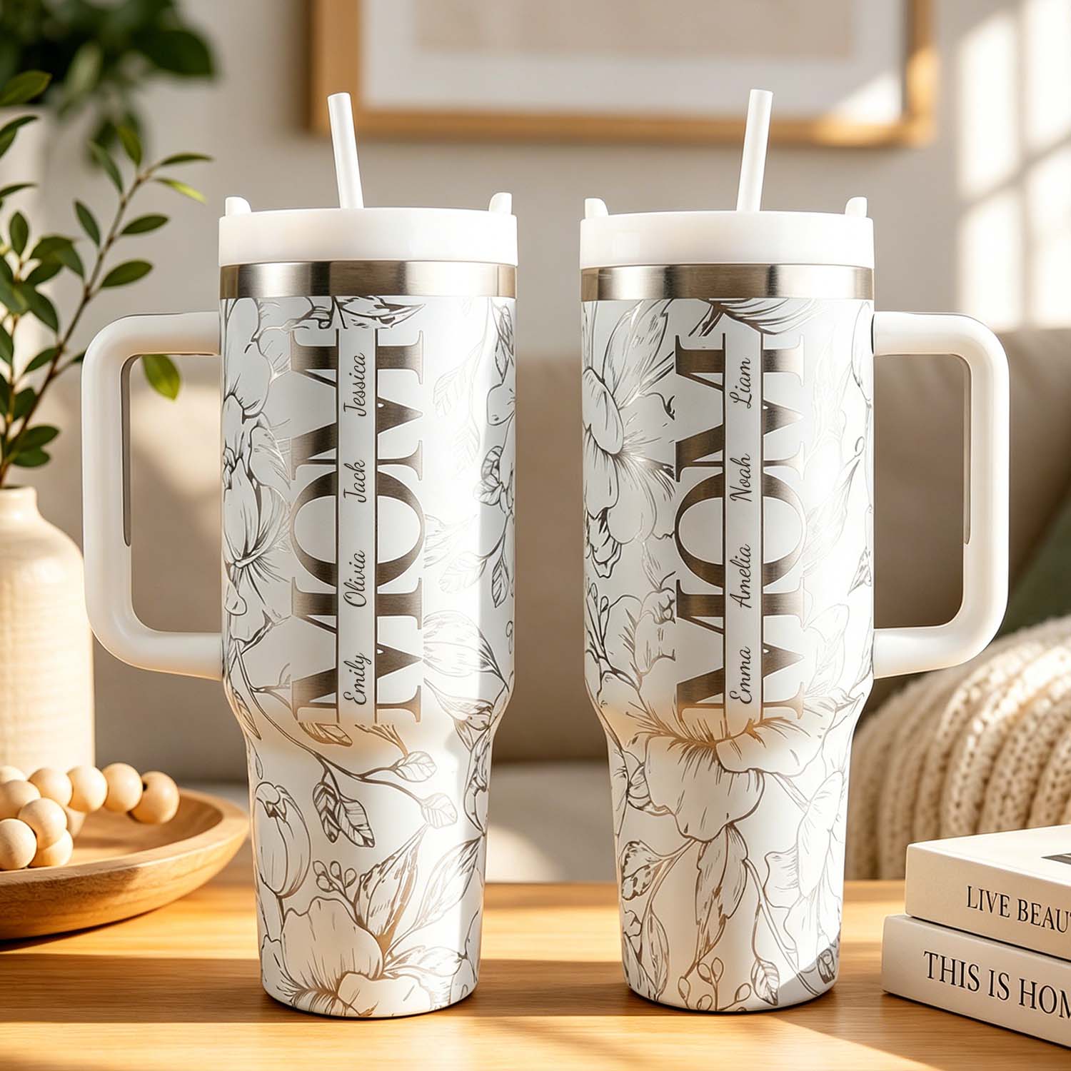 Custom Kids' Names  Tumbler Floral Mom Mother's Day Gifts Personalized 40oz Tumbler - soufeelmy