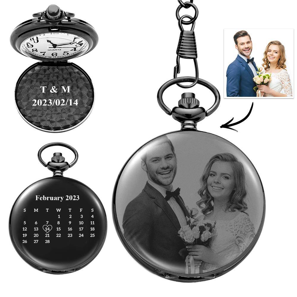 Pocket Watch Engraved Photo Custom Calendar Anniversary Personalised Gift for Couple - soufeelmy