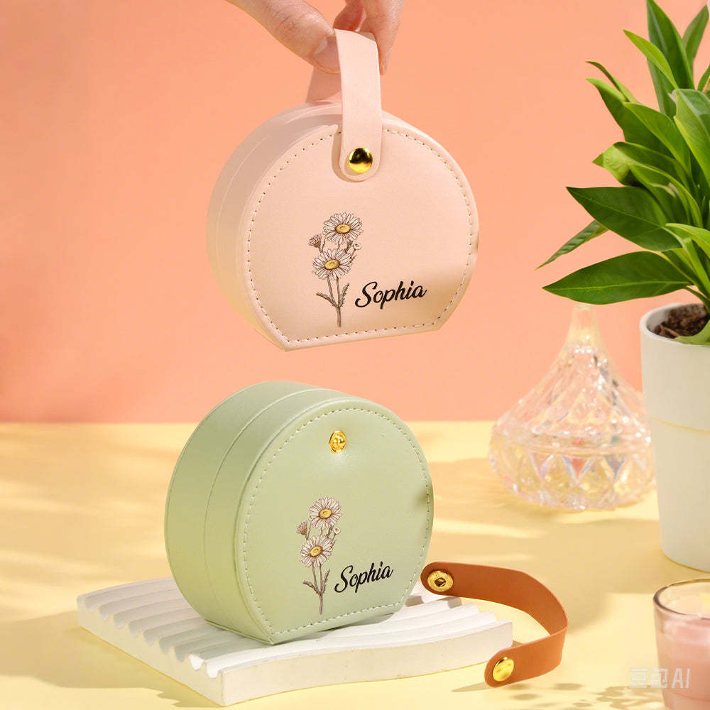 Personalized Birth Flower Jewelry Box with Name Leather Jewelry Box Birthday Gift for Her - soufeelmy