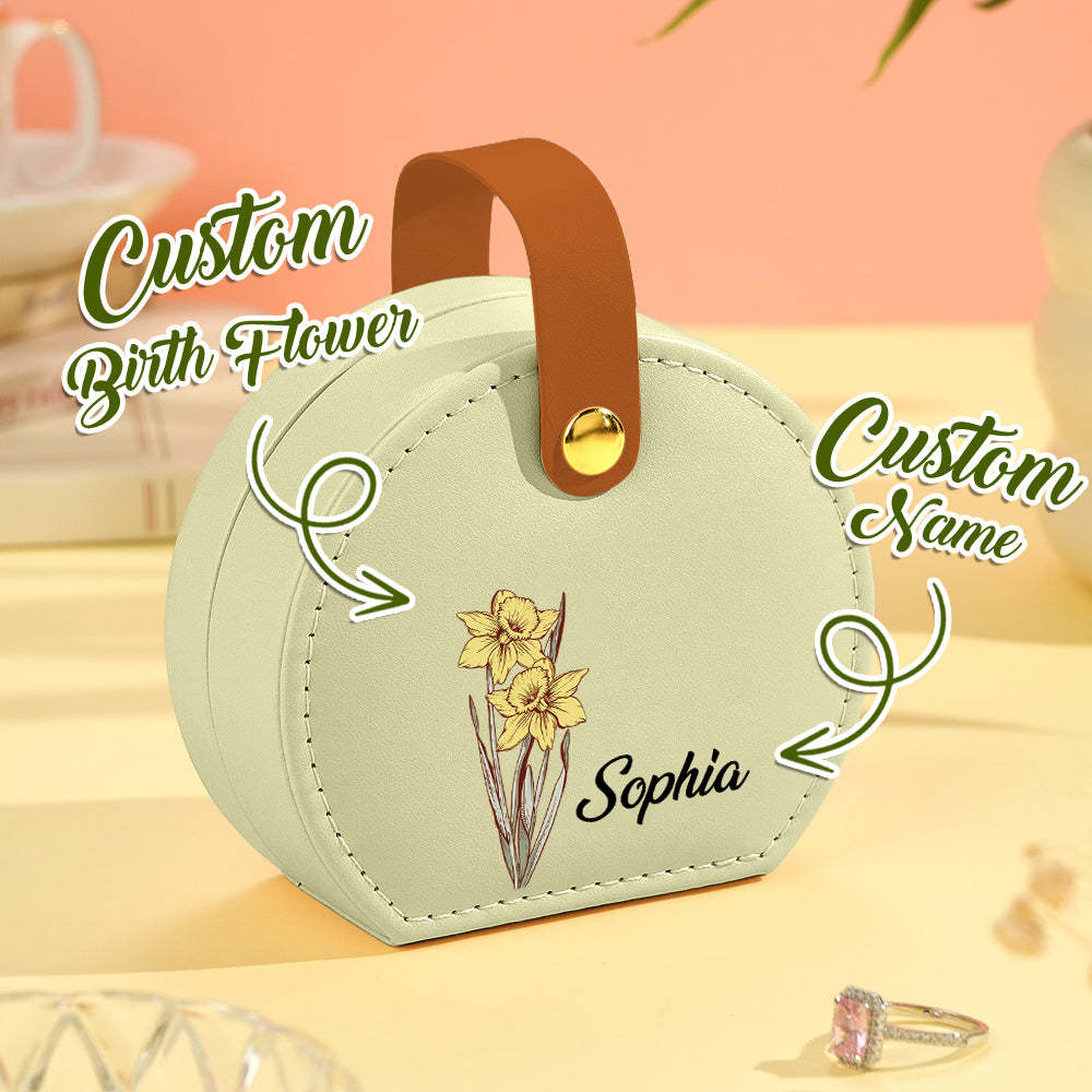 Personalized Birth Flower Jewelry Box with Name Leather Jewelry Box Birthday Gift for Her - soufeelmy