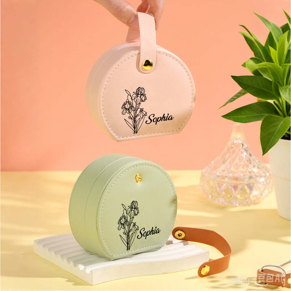 Personalized Birth Flower Leather Jewelry Box with Name Jewelry Box Gift for Her - soufeelmy