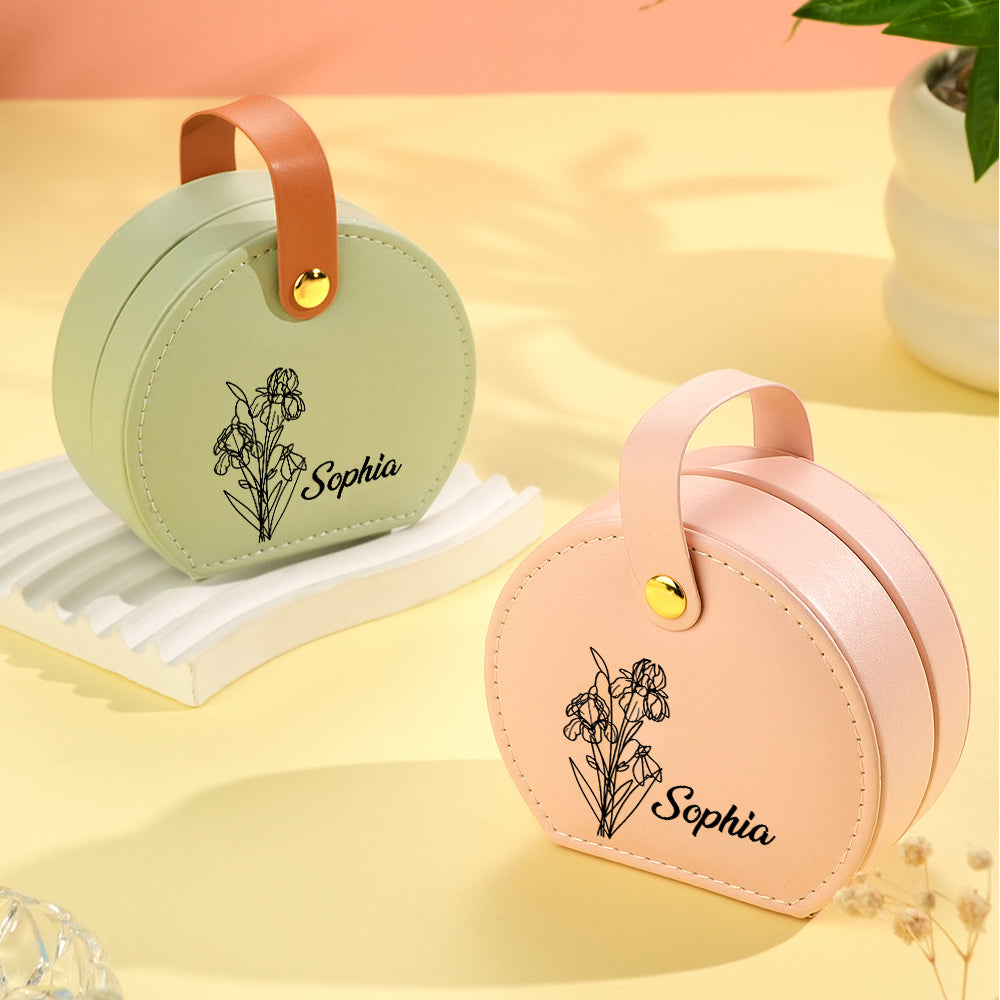 Personalized Birth Flower Leather Jewelry Box with Name Jewelry Box Gift for Her - soufeelmy
