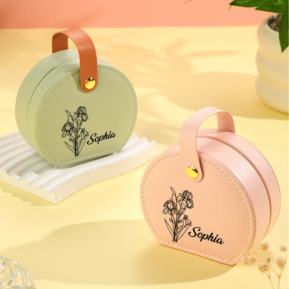 Personalized Birth Flower Leather Jewelry Box with Name Jewelry Box Gift for Her - soufeelmy
