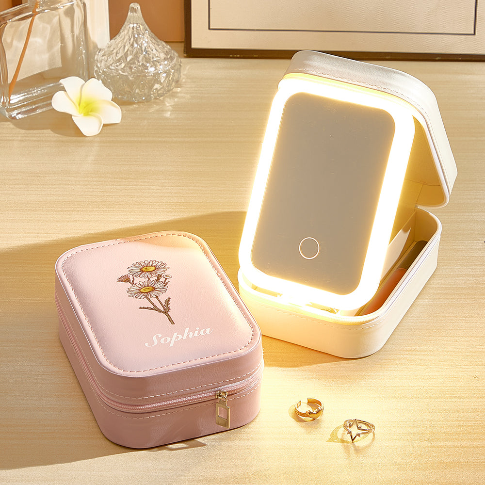 Personalized Birth Flower Leather Jewelry Box with LED Makeup Mirror Birthday Gift for Her - soufeelmy