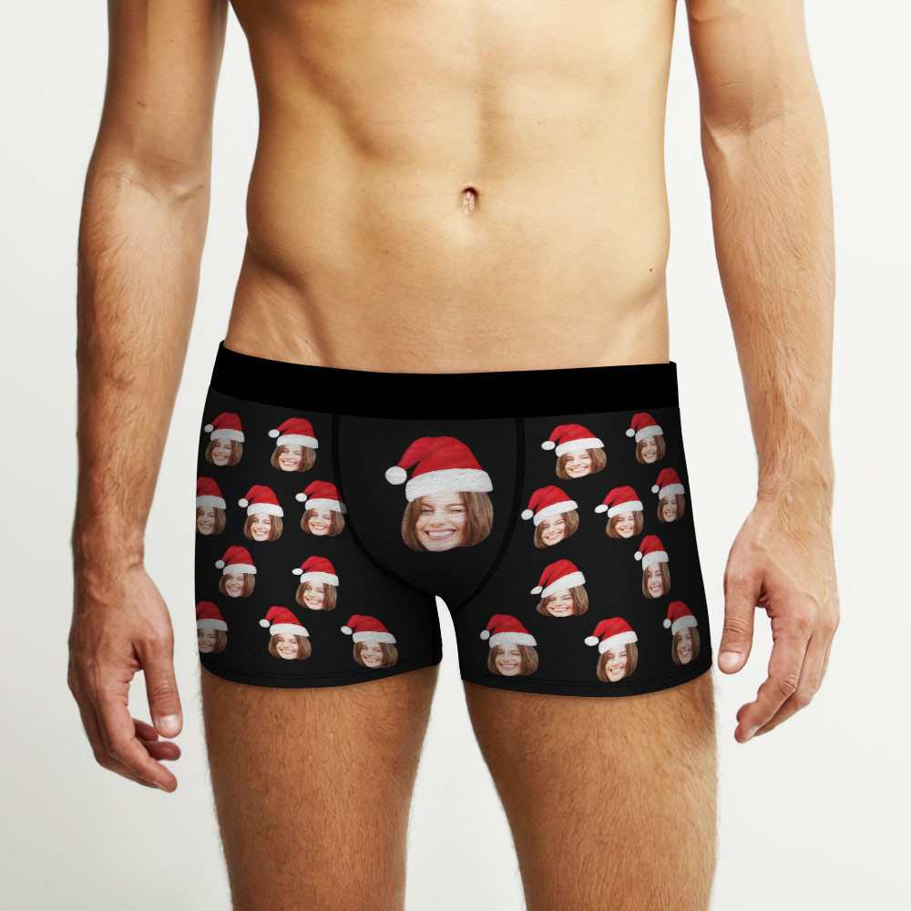 Custom Face Boxers Shorts With Christmas hat Personalized Photo Underwear Christmas Gift For Men AR View Gift - soufeelmy