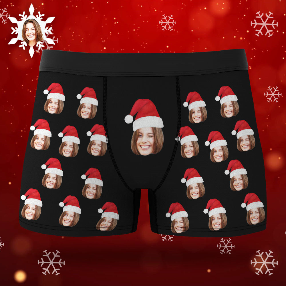 Custom Face Boxers Shorts With Christmas hat Personalized Photo Underwear Christmas Gift For Men AR View Gift - soufeelmy