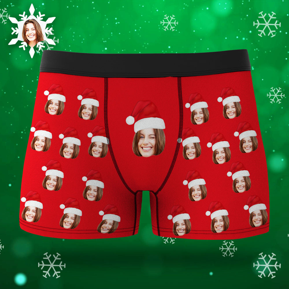 Custom Face Boxers Shorts With Christmas hat Personalized Photo Underwear Christmas Gift For Men AR View Gift - soufeelmy