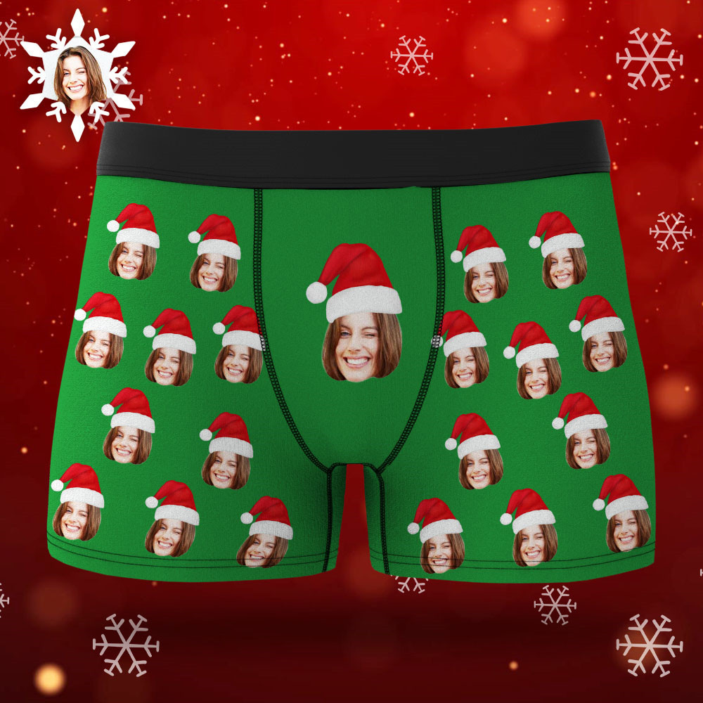 Custom Face Boxers Shorts With Christmas hat Personalized Photo Underwear Christmas Gift For Men AR View Gift - soufeelmy