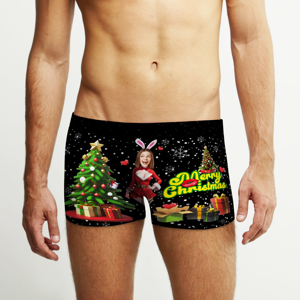 Custom Photo Boxer Santa Bunny Girl Face Underwear Couple Gifts Christmas Gift AR View - soufeelmy