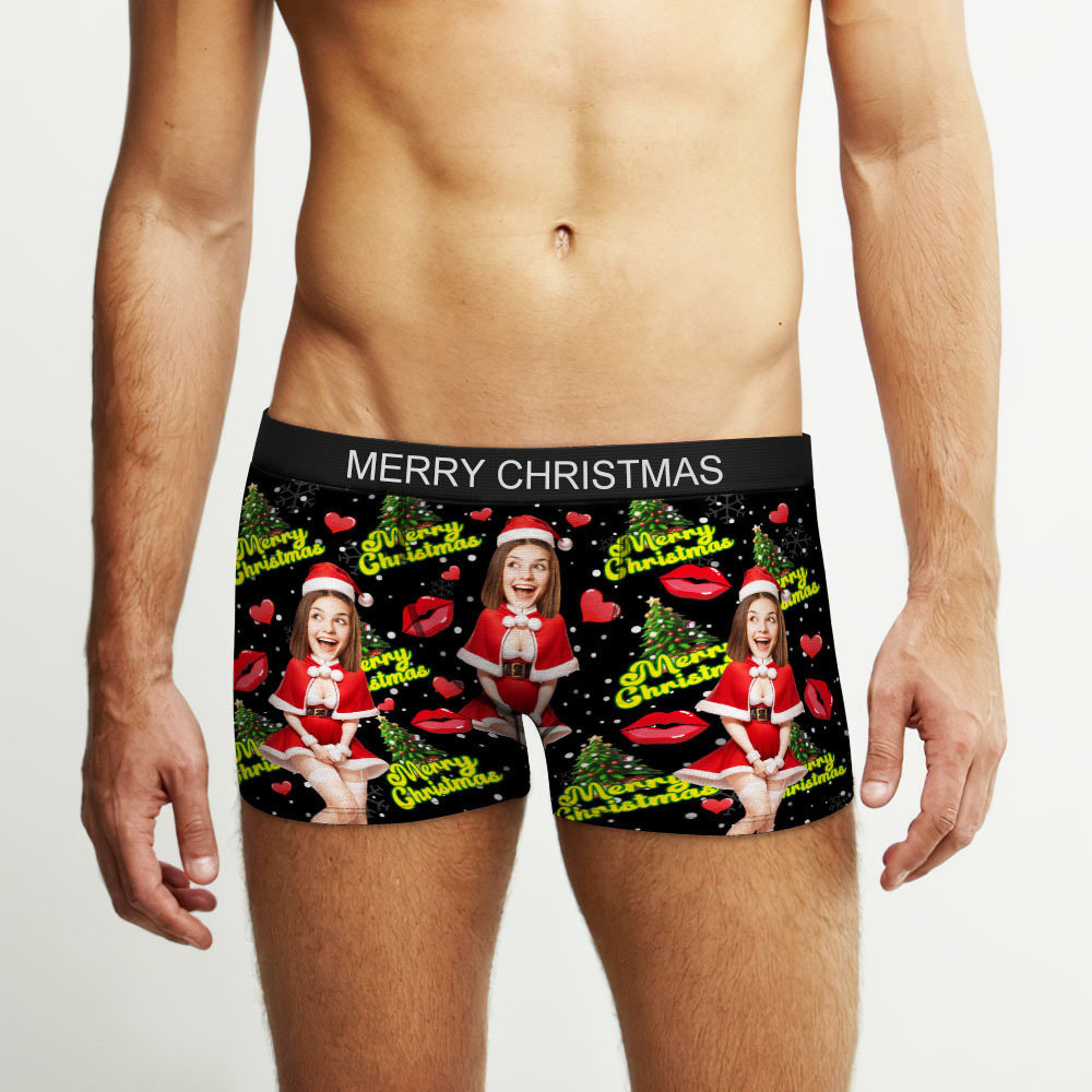 Custom Photo Boxer Santa Woman Face Underwear Couple Gifts Christmas Gift AR View - soufeelmy