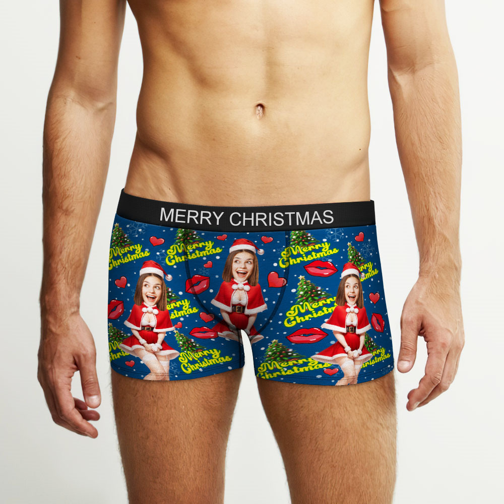 Custom Photo Boxer Santa Woman Face Underwear Couple Gifts Christmas Gift AR View - soufeelmy