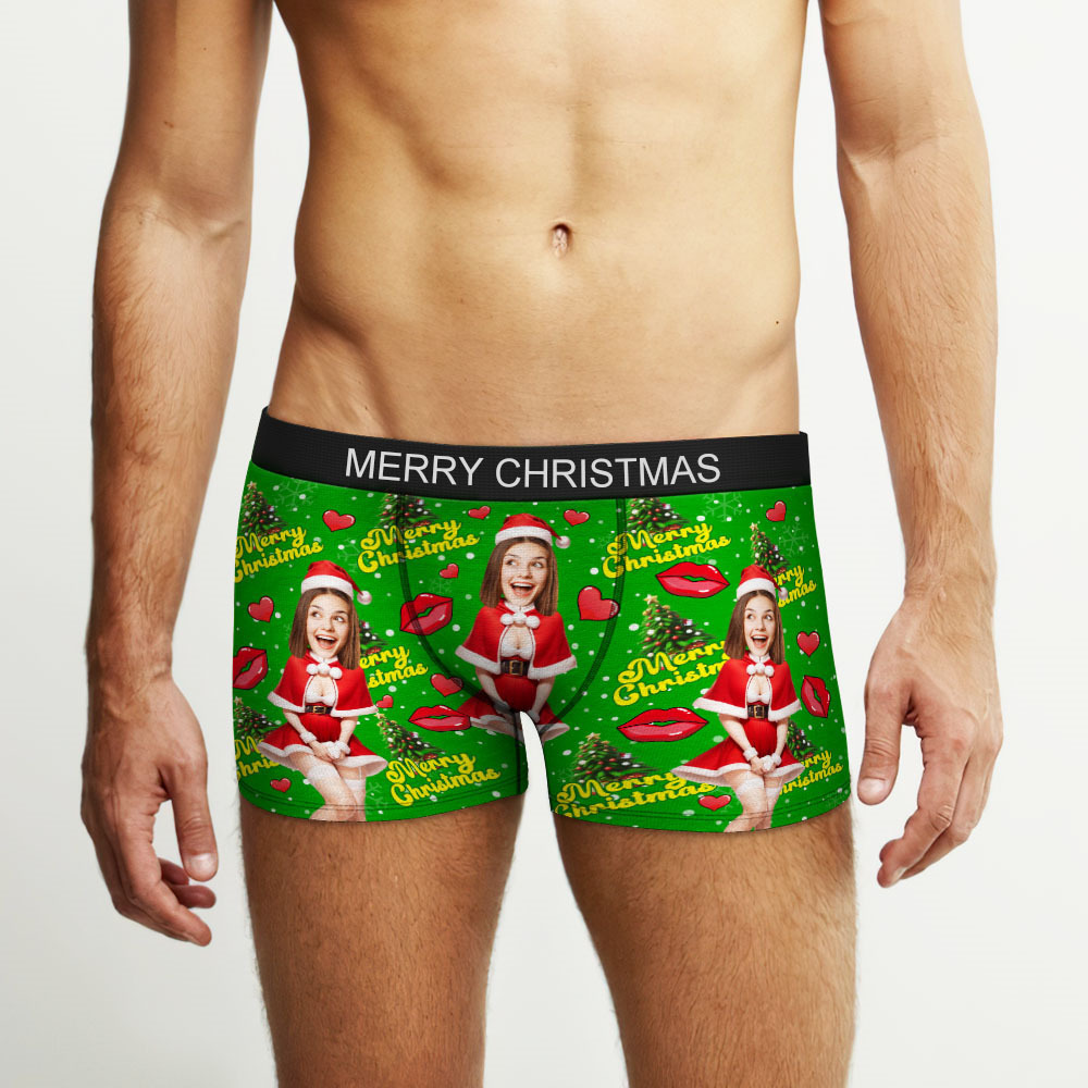 Custom Photo Boxer Santa Woman Face Underwear Couple Gifts Christmas Gift AR View - soufeelmy