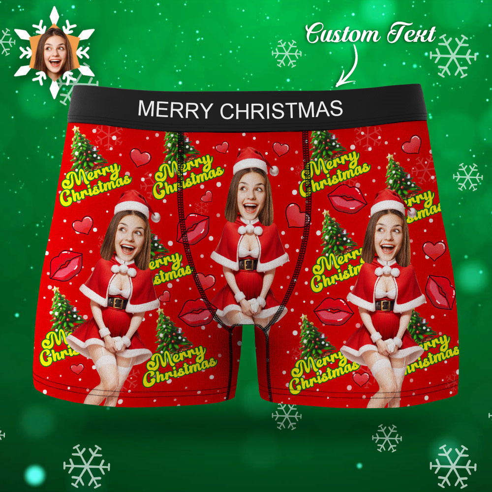 Custom Photo Boxer Santa Woman Face Underwear Couple Gifts Christmas Gift AR View - soufeelmy