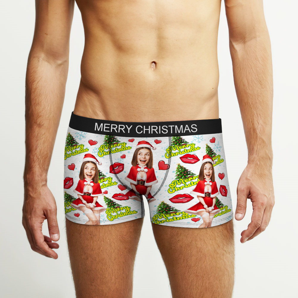 Custom Photo Boxer Santa Woman Face Underwear Couple Gifts Christmas Gift AR View - soufeelmy