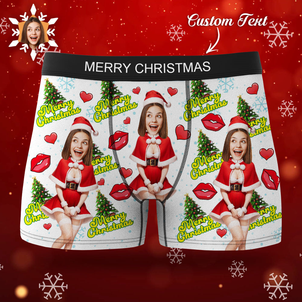 Custom Photo Boxer Santa Woman Face Underwear Couple Gifts Christmas Gift AR View - soufeelmy