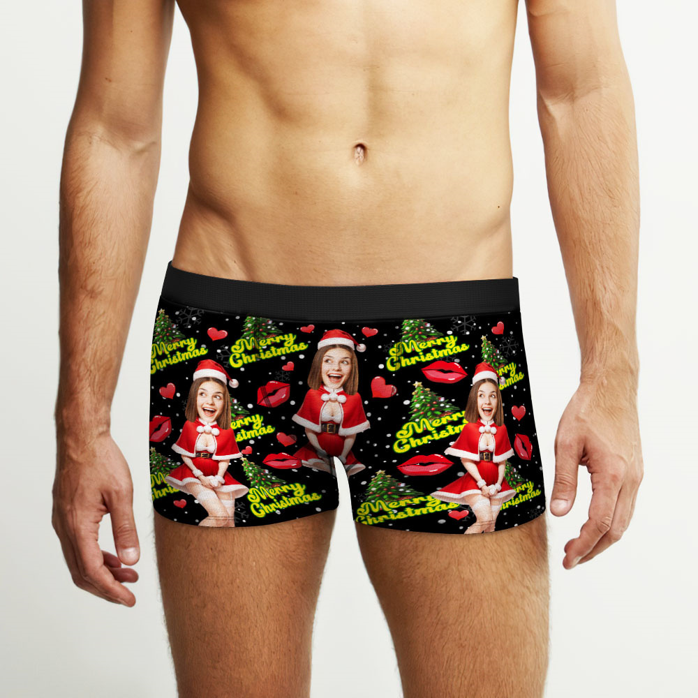 Custom Photo Boxer Santa Woman Face Underwear Couple Gifts Christmas Gift AR View - soufeelmy