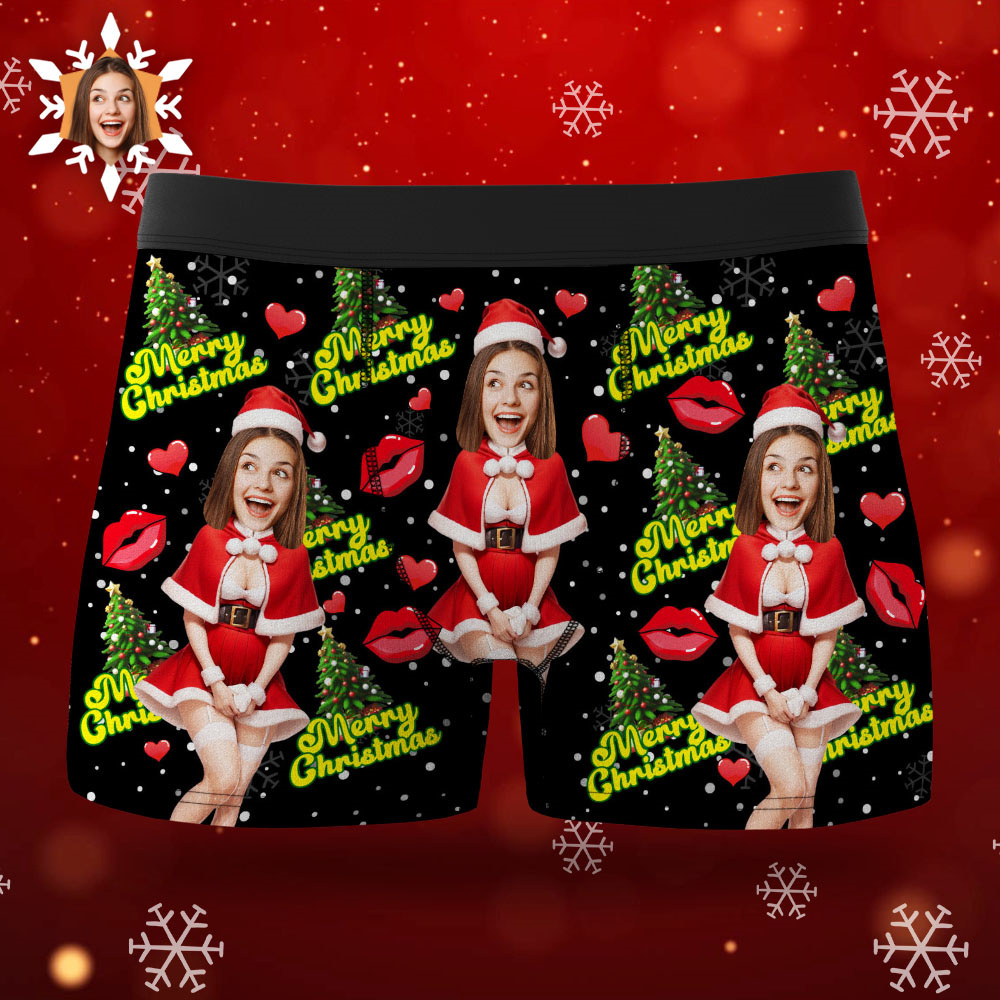 Custom Photo Boxer Santa Woman Face Underwear Couple Gifts Christmas Gift AR View - soufeelmy