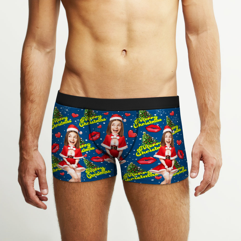 Custom Photo Boxer Santa Woman Face Underwear Couple Gifts Christmas Gift AR View - soufeelmy