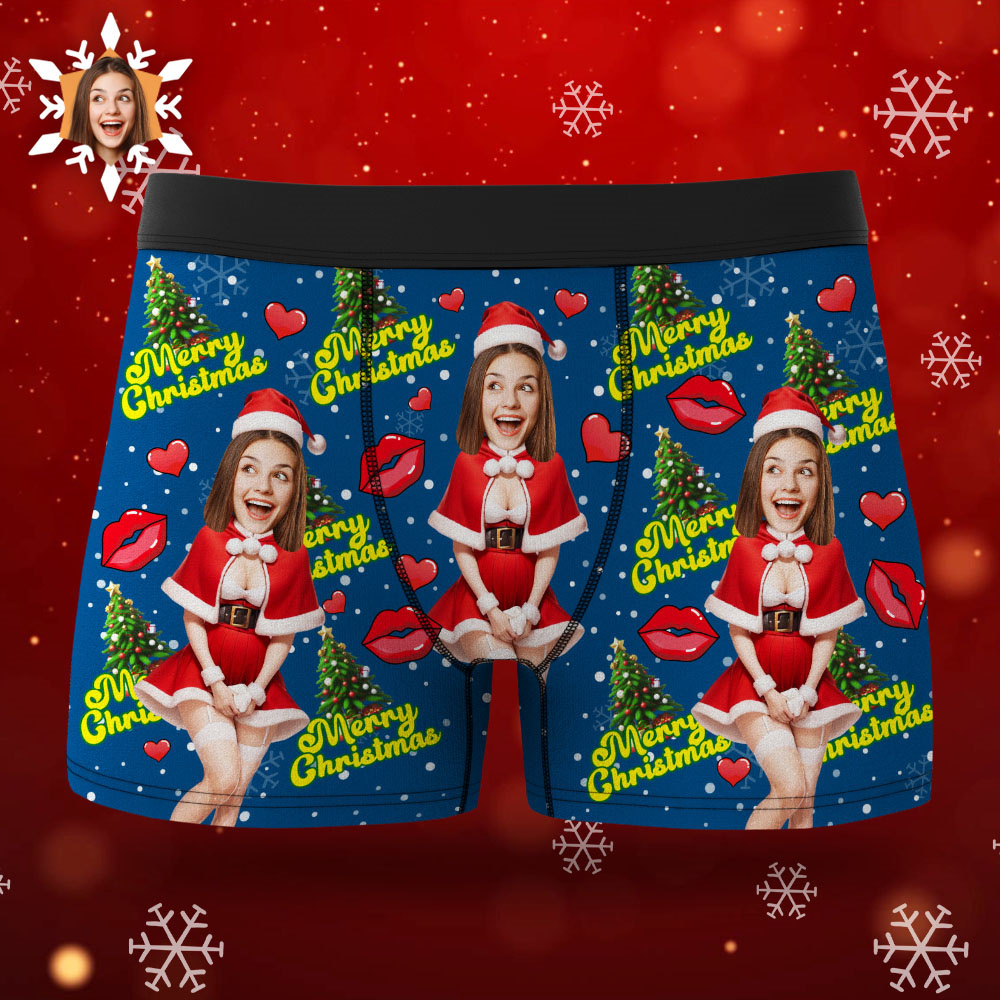 Custom Photo Boxer Santa Woman Face Underwear Couple Gifts Christmas Gift AR View - soufeelmy