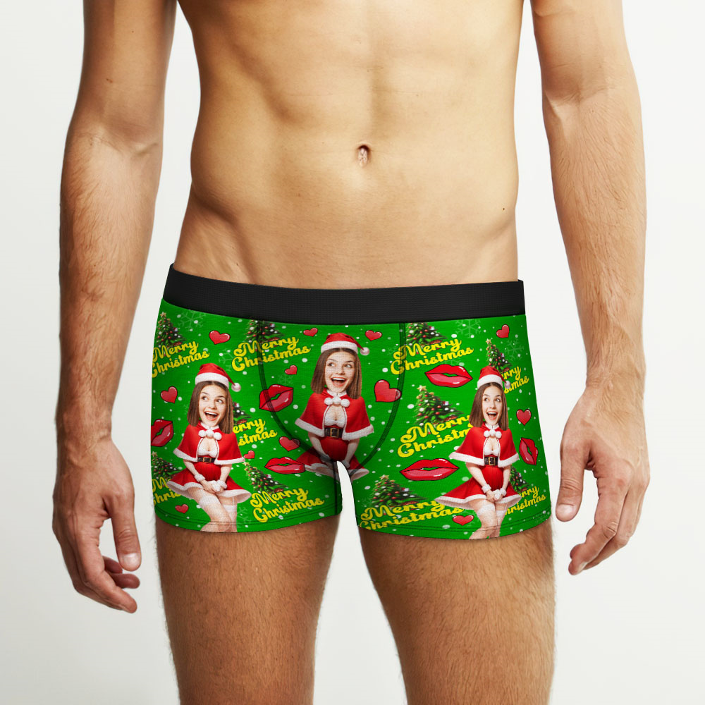 Custom Photo Boxer Santa Woman Face Underwear Couple Gifts Christmas Gift AR View - soufeelmy