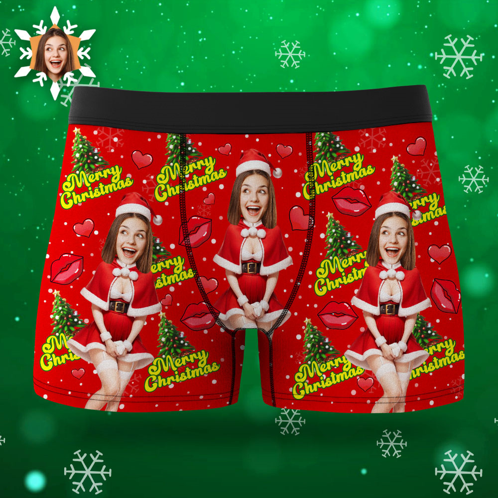 Custom Photo Boxer Santa Woman Face Underwear Couple Gifts Christmas Gift AR View - soufeelmy