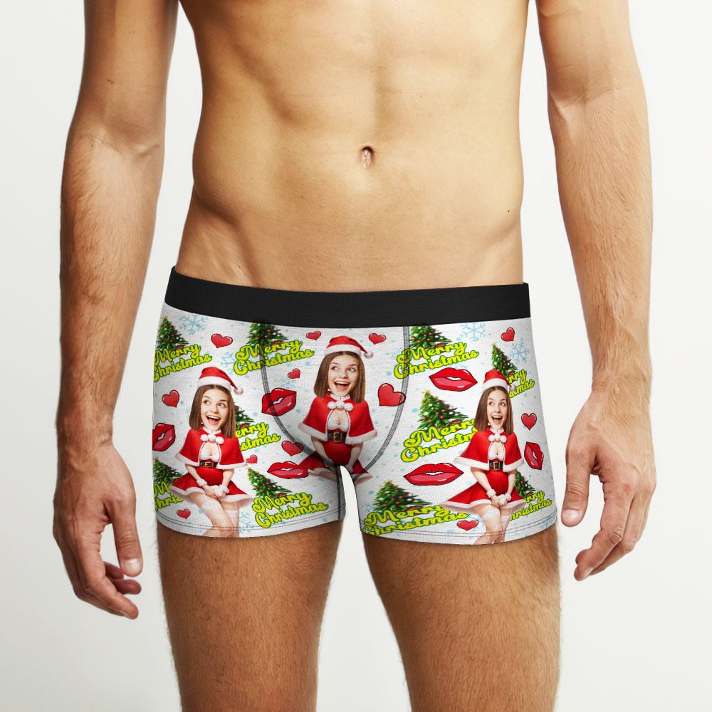 Custom Photo Boxer Santa Woman Face Underwear Couple Gifts Christmas Gift AR View - soufeelmy