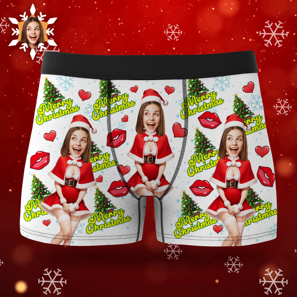 Custom Photo Boxer Santa Woman Face Underwear Couple Gifts Christmas Gift AR View - soufeelmy