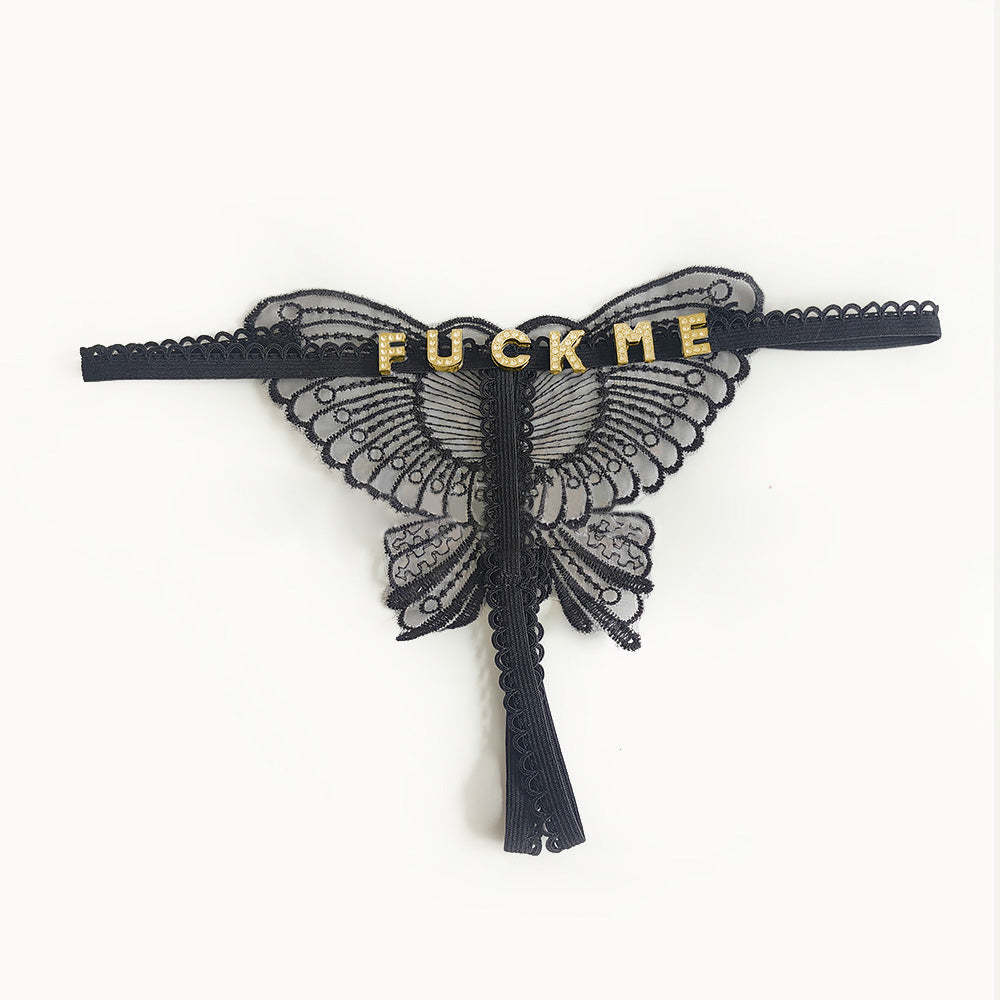 Custom Lace Hollow Butterfly Sexy Low Waist Panty with jewelry Crystal Letter Name Open Cut Thong Underpants Women's Underwear - soufeelmy