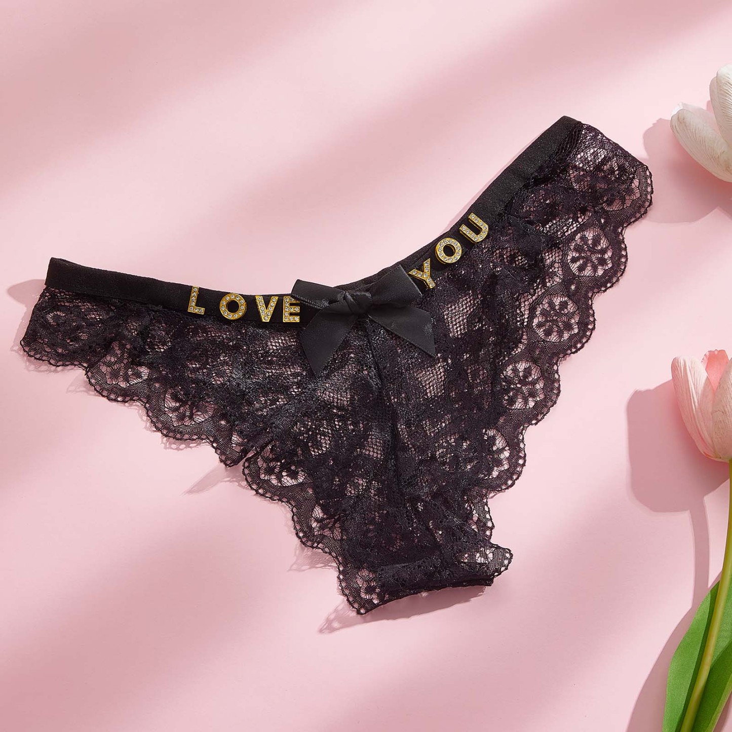 Custom Rhinestone Letter Thong Bow Tie Lace Sexy Low-Rise Seamless Thong - soufeelmy