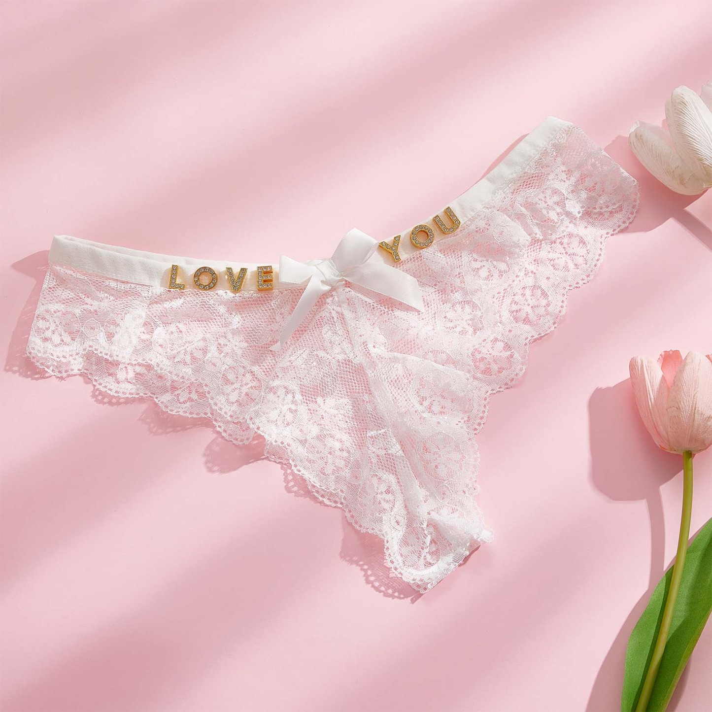 Custom Rhinestone Letter Thong Bow Tie Lace Sexy Low-Rise Seamless Thong - soufeelmy