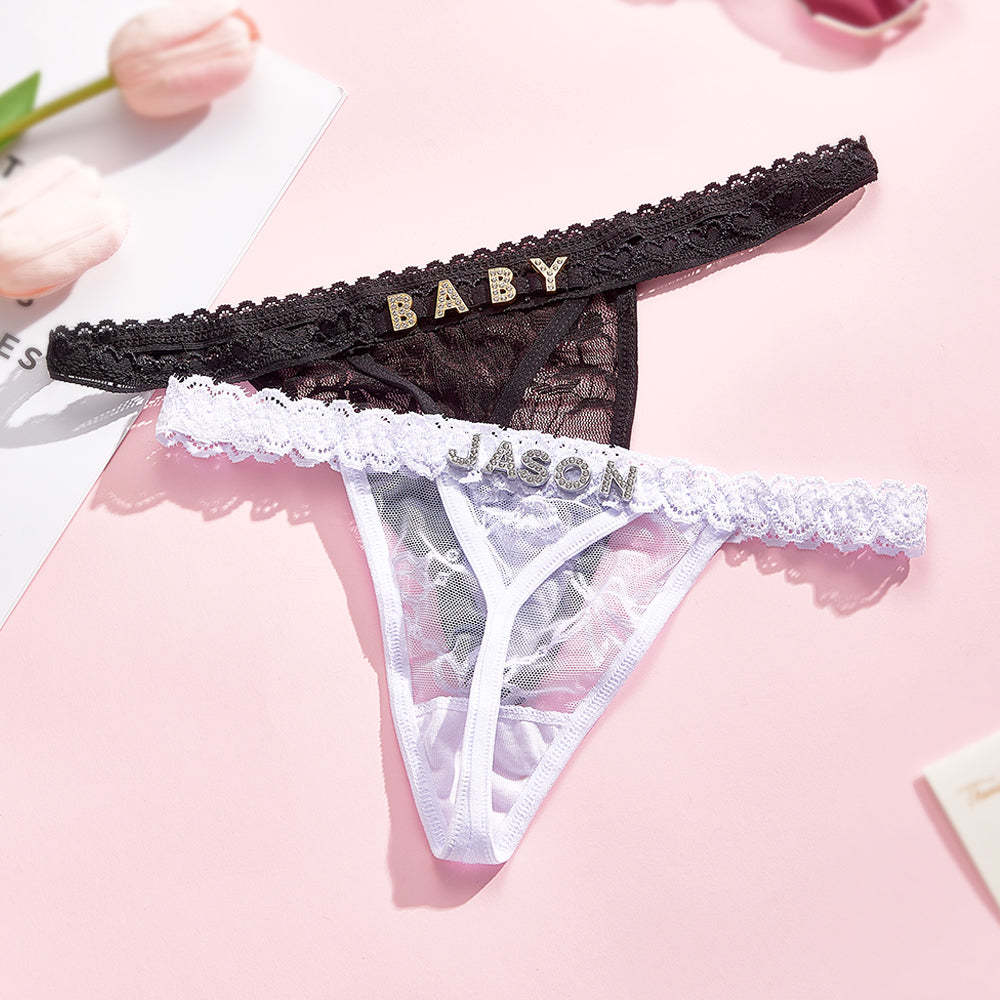 Custom Rhinestone Letter Thong Personalized Name Lace Panties - soufeelmy