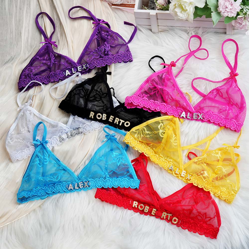 Custom Lace Bra With Jewelry Crystal Letter Name Lace Transparent Underwear Gift For Her - soufeelmy