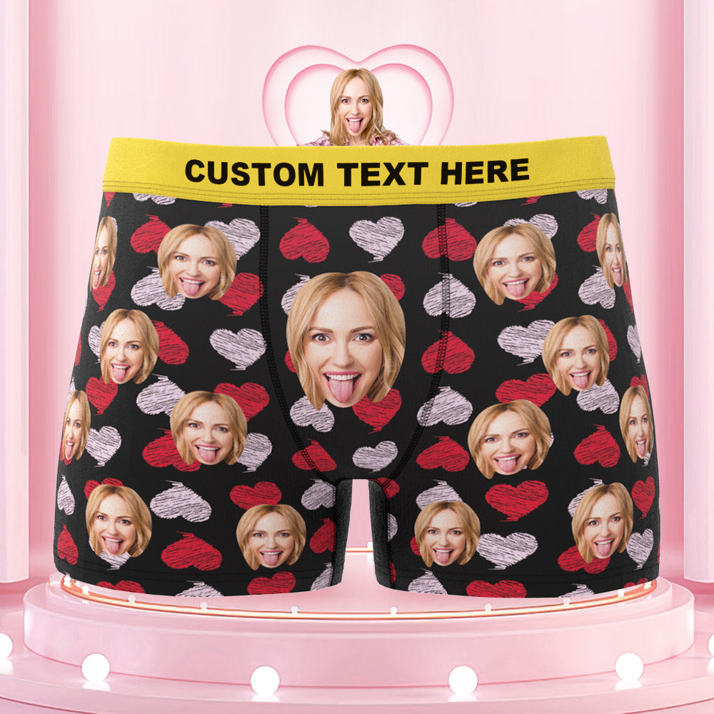 Custom Face Boxer Shorts Colorful Waistband Boxer Briefs Red and Pink Hearts Gifts For Him