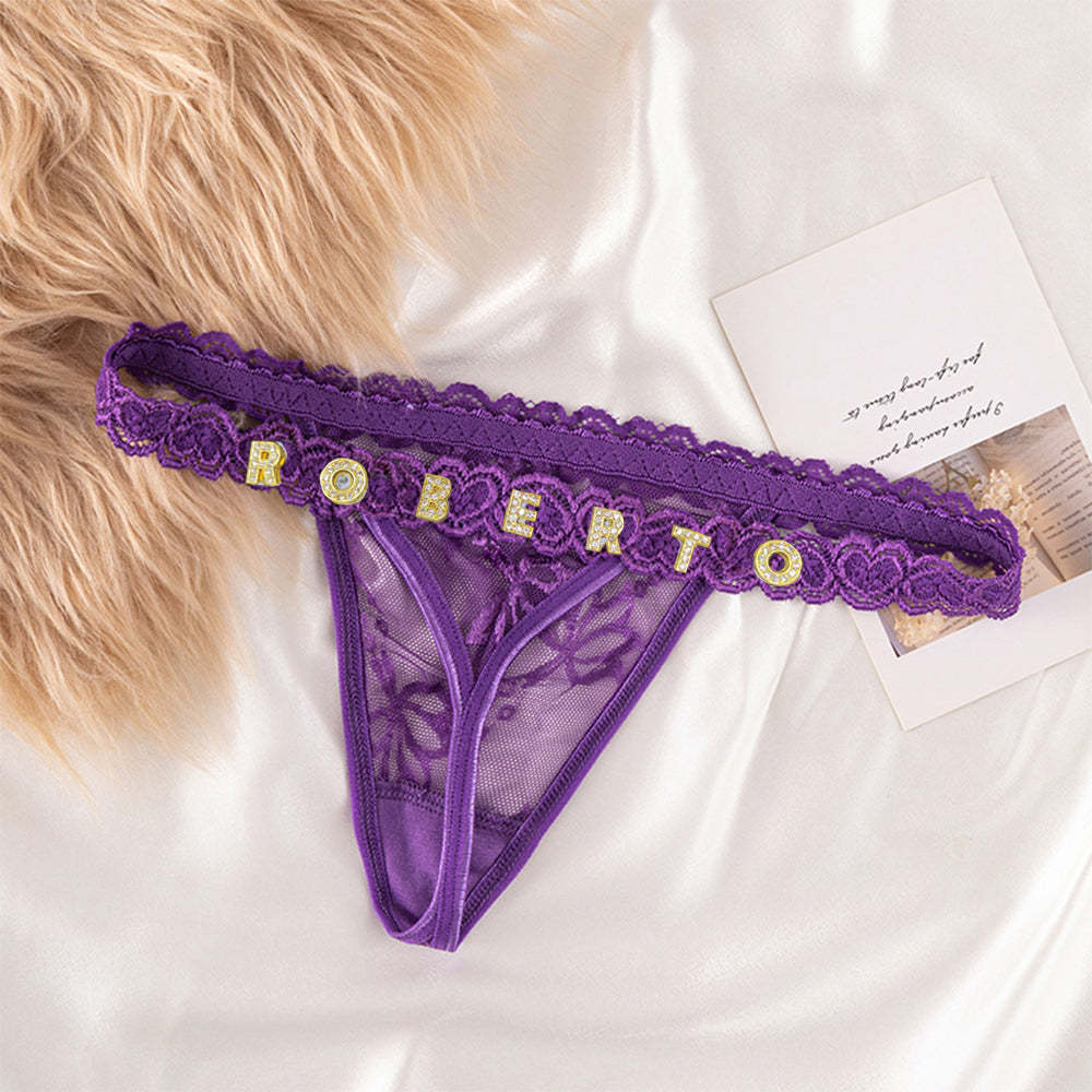 Custom Lace Thongs with Jewelry Crystal Letter Name Gift for Her - soufeelmy