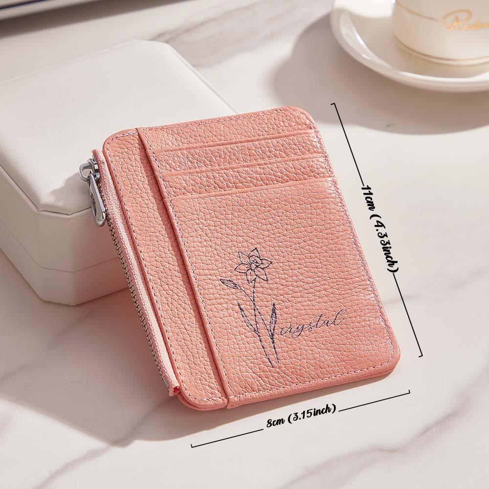 Personalized Birth Flower Leather Wallet with Name 8 Card Slots Wallet Birthday Gift for Her - soufeelmy