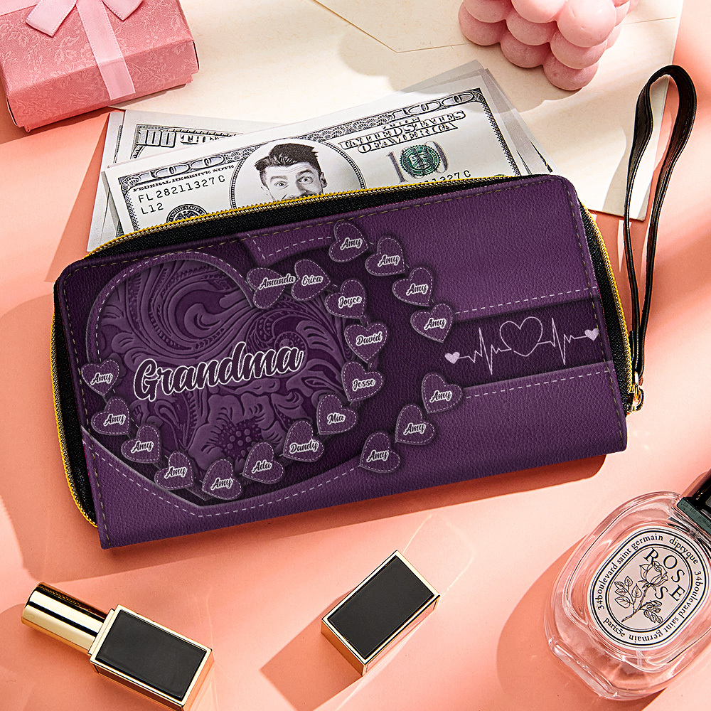 Personalized Leather Long Wallet Grandma's Little Sweethearts Leather Wallet with Text Gift for Her Mother's Day Gifts - soufeelmy
