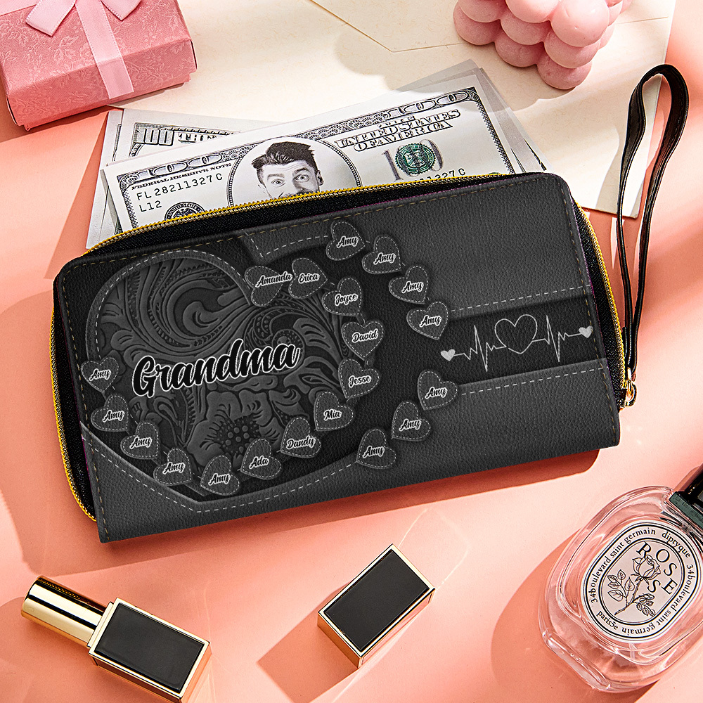 Personalized Leather Long Wallet Grandma's Little Sweethearts Leather Wallet with Text Gift for Her Mother's Day Gifts - soufeelmy