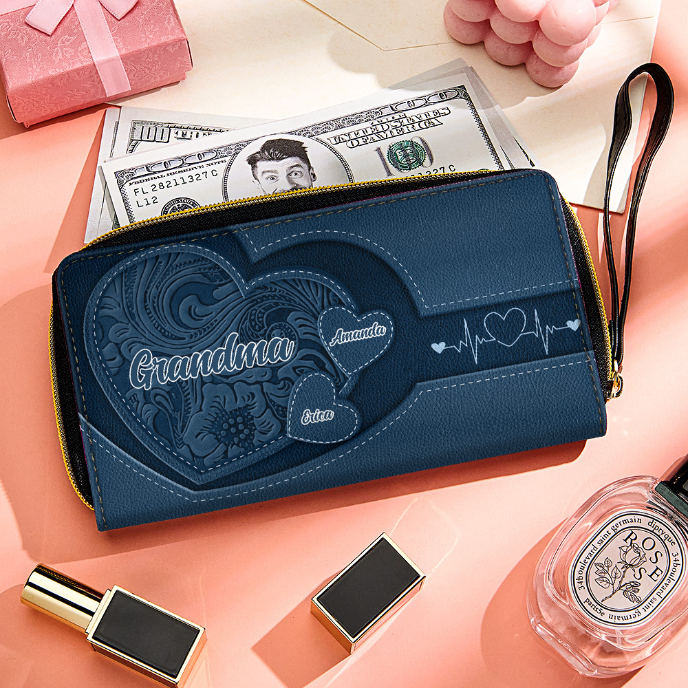 Personalized Leather Long Wallet Grandma's Little Sweethearts Leather Wallet with Text Gift for Her Mother's Day Gifts - soufeelmy