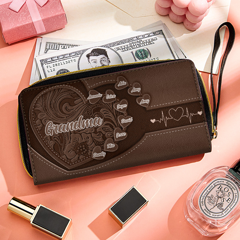Personalized Leather Long Wallet Grandma's Little Sweethearts Leather Wallet with Text Gift for Her Mother's Day Gifts - soufeelmy